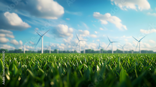 Green Energy Wind Turbines in a Field with a Bright Blue Sky and White Clouds