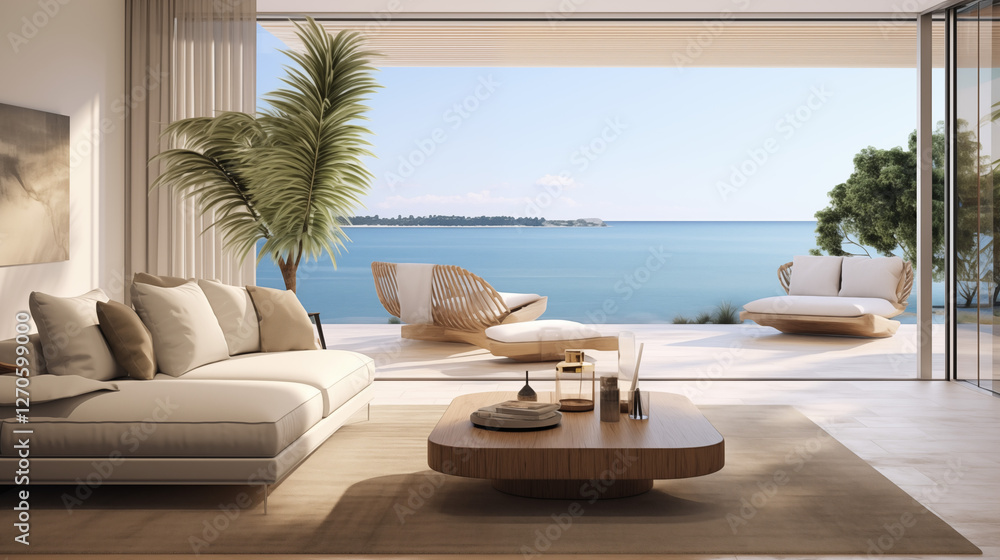 Obraz premium Luxurious modern living room with stunning sea views, featuring minimalist design, natural light, and elegant decor, creating a serene atmosphere of relaxation and tranquility. 