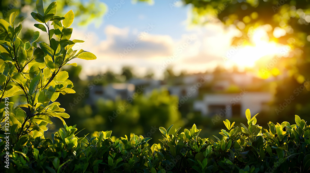Obraz premium Green Foliage Shines at Golden Hour with a Soft Focus Background of Trees and Residential Building in a Natural Setting