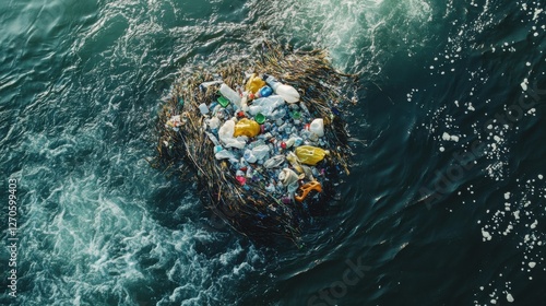 Floating Trash Isle Surrounded by Turbulent Ocean Waters Highlighting Marine Pollution Crisis photo