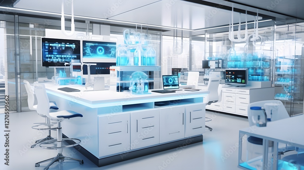 Cutting edge biotechnology research laboratory featuring state of the art DNA sequencing technology and other high tech scientific instruments in a clean efficient and modern workspace Cutting edge biotechnology research laboratory featuring state of the art DNA sequencing technology and other high tech scientific instruments in a clean efficient and modern workspace