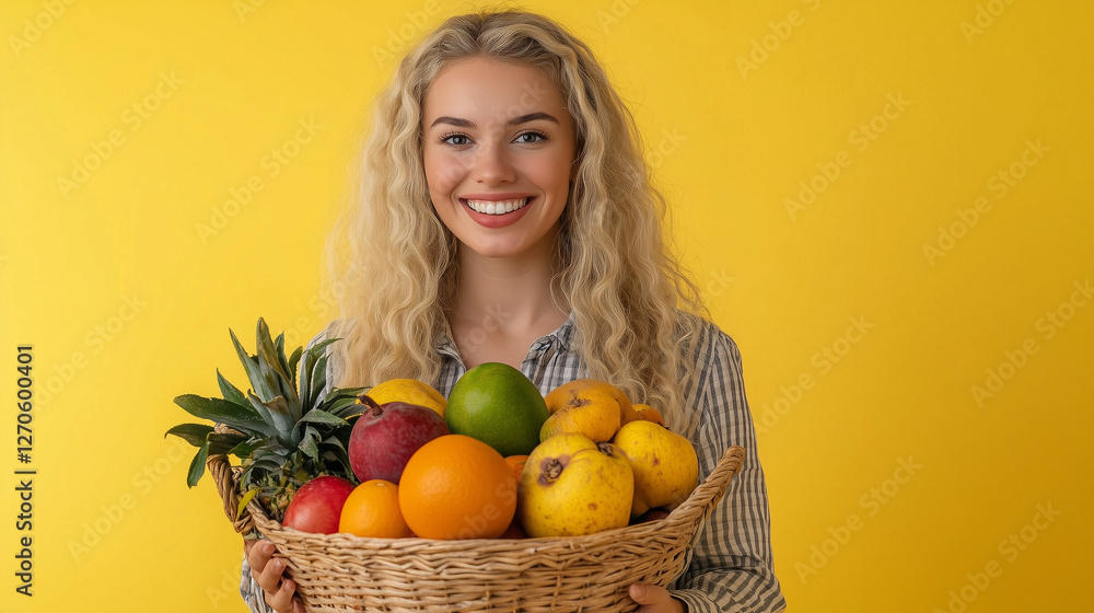 beauty farmer woman holding fruits in basket, marketing photography, happy to sell you a product, standing, smiling on solid background beauty farmer woman holding fruits in basket, marketing photography, happy to sell you a product, standing, smiling on solid background