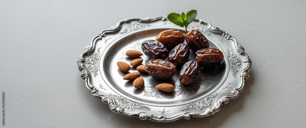 Dates almonds and mint on ornate silver plate Dates almonds and mint on ornate silver plate