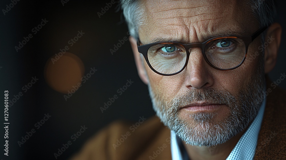 A mature man with glasses gazes intently forward A mature man with glasses gazes intently forward