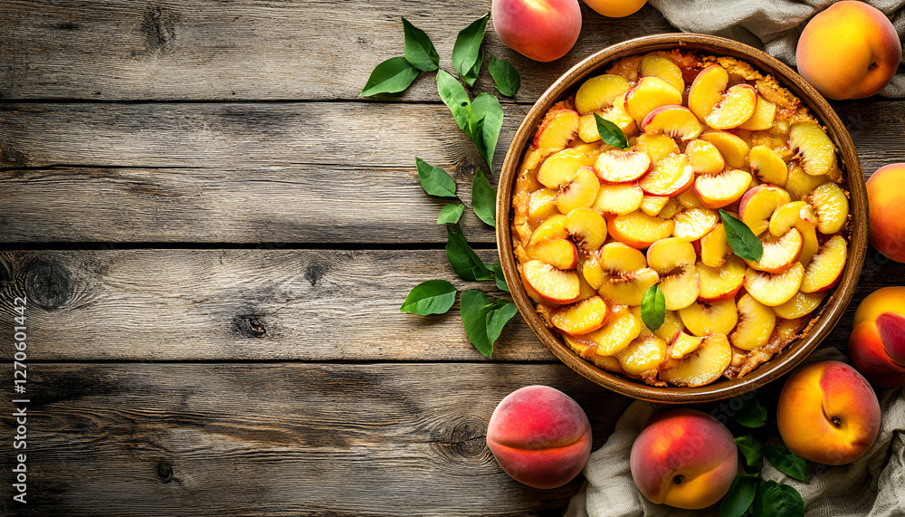 Homemade peach cobbler (crumble) in baking dish over rustic wooden background Homemade peach cobbler (crumble) in baking dish over rustic wooden background