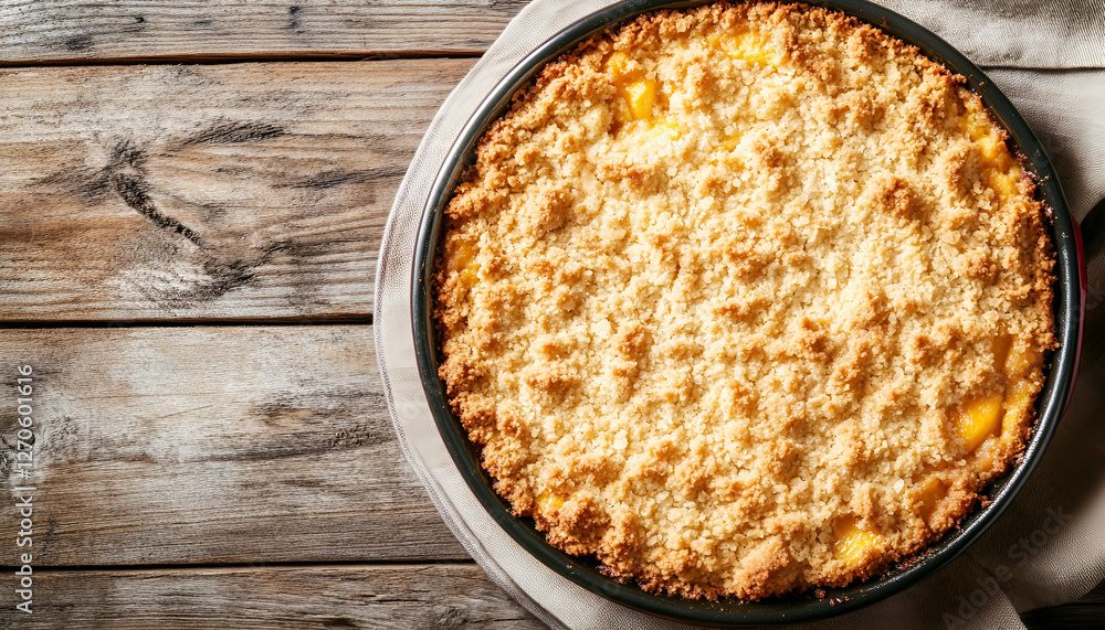 Homemade peach cobbler (crumble) in baking dish over rustic wooden background
