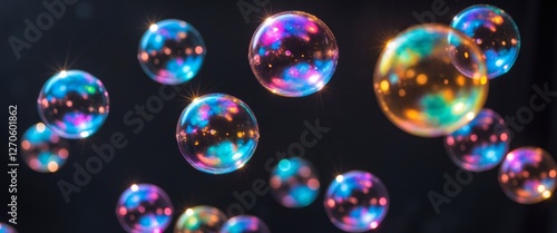 Floating Bubbles in Dark Space with Dreamy Reflections and Colorful Light.