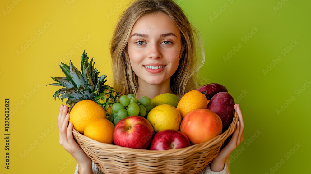 beauty farmer woman holding fruits in basket, marketing photography, happy to sell you a product, standing, smiling on solid background beauty farmer woman holding fruits in basket, marketing photography, happy to sell you a product, standing, smiling on solid background