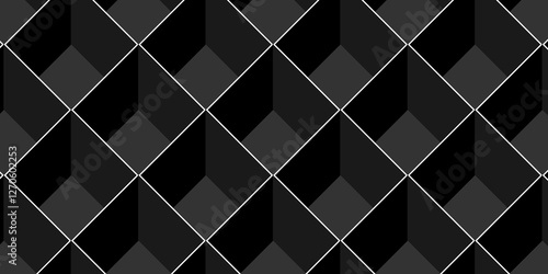 Minimal cubes geometric tile and mosaic wall grid retro digital hexagon technology wallpaper background. black block cube structure backdrop square triangle texture vintage design.	
