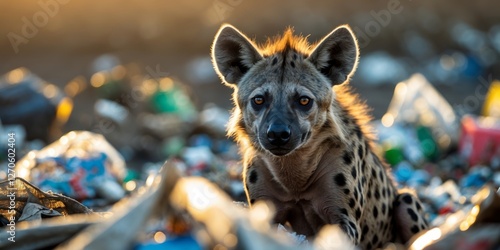 Hyena Sitting Amidst Garbage in a Wide Angle Shot Capturing Wildlife's Struggle for Survival photo