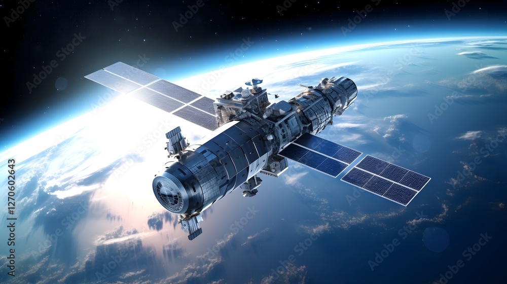 Naklejka premium A high tech futuristic space satellite orbiting the Earth facilitating global communication networks data transmission and advanced technological connectivity for and scientific research