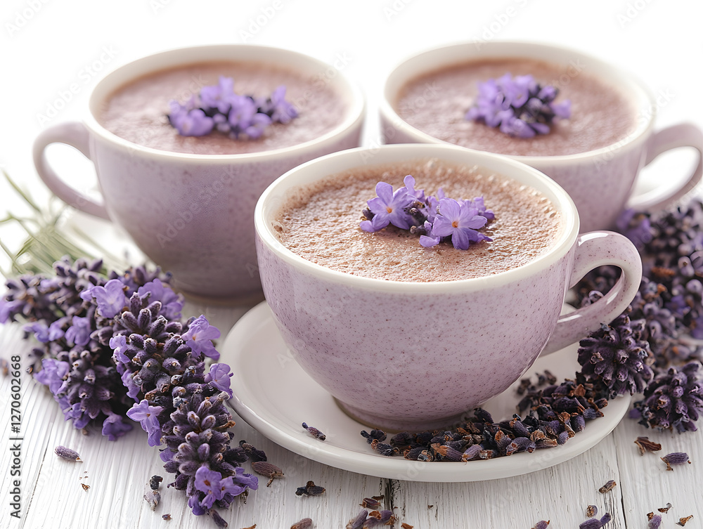 Lavender Latte Served in a Clear Glass With Dried Lavender Flowers on a Marble Table Lavender Latte Served in a Clear Glass With Dried Lavender Flowers on a Marble Table