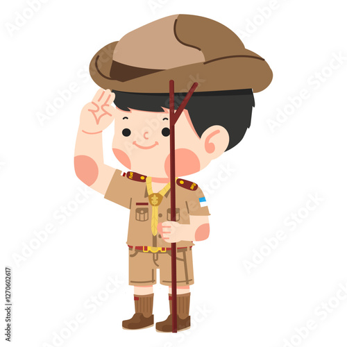 Thai Boy Scout in uniform holding a pole