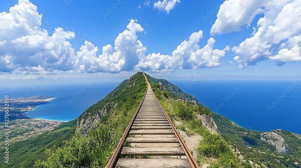 Elevated Pathway Over Mountain Ridge Leading to Sea Below in a Tranquil Environment with Clouds Elevated Pathway Over Mountain Ridge Leading to Sea Below in a Tranquil Environment with Clouds