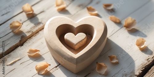 Wooden heart with smaller heart inside lying on rustic wood with dried petals. photo