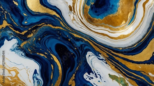 Luxury Abstract Marble Texture in Deep Blue and Gold with Fluid Swirls and Metallic Accents