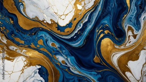 Luxury Abstract Marble Texture in Deep Blue and Gold with Fluid Swirls and Metallic Accents