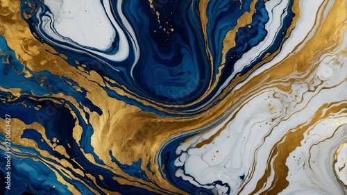Luxury Abstract Marble Texture in Deep Blue and Gold with Fluid Swirls and Metallic Accents