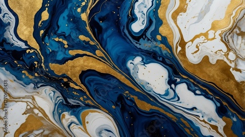 Luxury Abstract Marble Texture in Deep Blue and Gold with Fluid Swirls and Metallic Accents