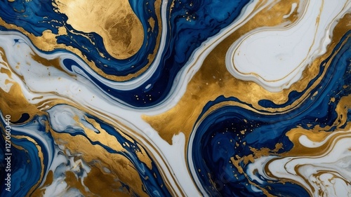 Luxury Abstract Marble Texture in Deep Blue and Gold with Fluid Swirls and Metallic Accents