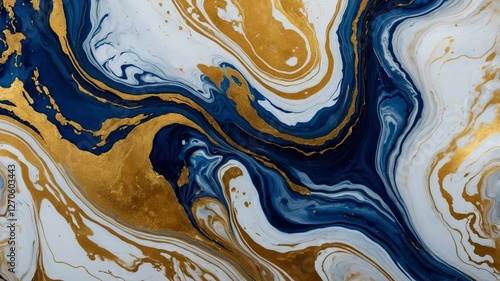 Luxury Abstract Marble Texture in Deep Blue and Gold with Fluid Swirls and Metallic Accents