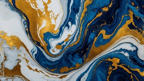 Luxury Abstract Marble Texture in Deep Blue and Gold with Fluid Swirls and Metallic Accents