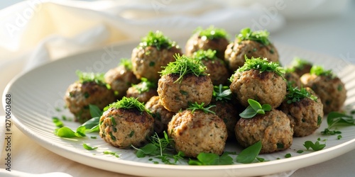 The close up of tasty traditional vegetarian meatballs garnished with green herbs on plate. photo