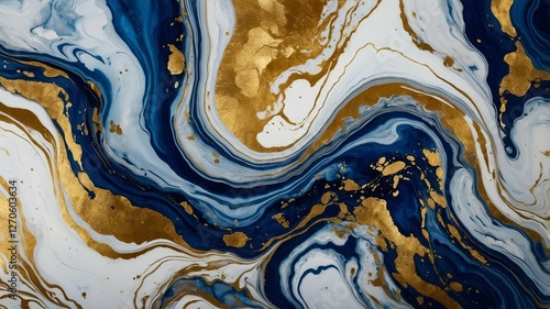 Luxury Abstract Marble Texture in Deep Blue and Gold with Fluid Swirls and Metallic Accents