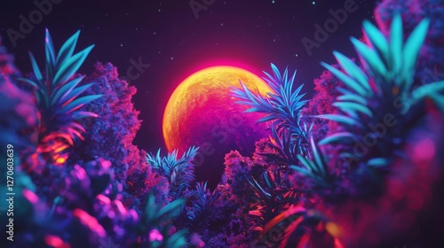 Surreal Neon Landscape with Tropical Foliage and Glowing Celestial Body in Night Sky