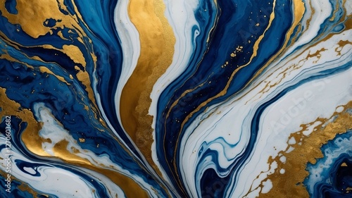 Luxury Abstract Marble Texture in Deep Blue and Gold with Fluid Swirls and Metallic Accents