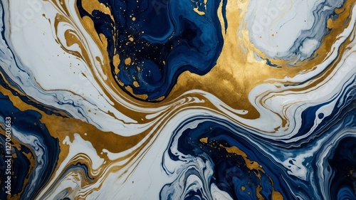 Luxury Abstract Marble Texture in Deep Blue and Gold with Fluid Swirls and Metallic Accents