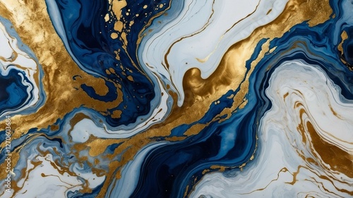 Luxury Abstract Marble Texture in Deep Blue and Gold with Fluid Swirls and Metallic Accents