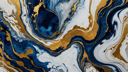 Luxury Abstract Marble Texture in Deep Blue and Gold with Fluid Swirls and Metallic Accents