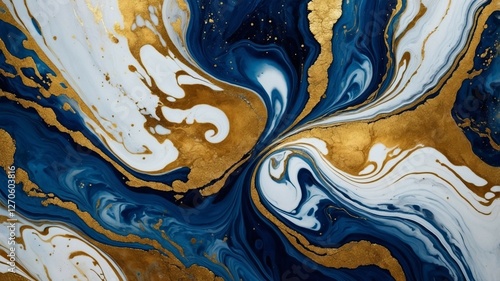 Luxury Abstract Marble Texture in Deep Blue and Gold with Fluid Swirls and Metallic Accents