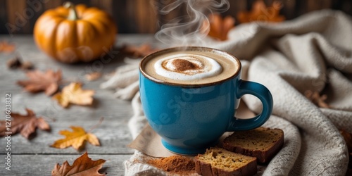 Warm Mushroom Latte in a Blue Mug with Autumnal Setting. photo