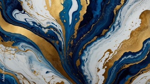Luxury Abstract Marble Texture in Deep Blue and Gold with Fluid Swirls and Metallic Accents