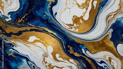Luxury Abstract Marble Texture in Deep Blue and Gold with Fluid Swirls and Metallic Accents
