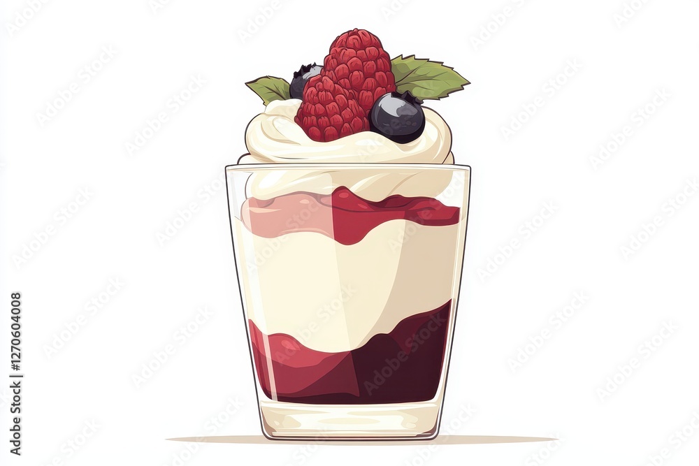 Indulging in a delicious parfait with layers of cream, fruit, and a berry topping in a stylish glass dessert dish Indulging in a delicious parfait with layers of cream, fruit, and a berry topping in a stylish glass dessert dish