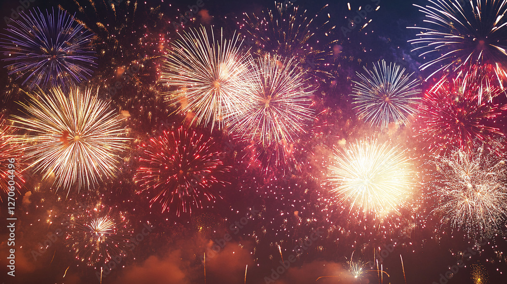 Fototapeta premium Spectacular explosions of vivid fireworks illuminating the night sky