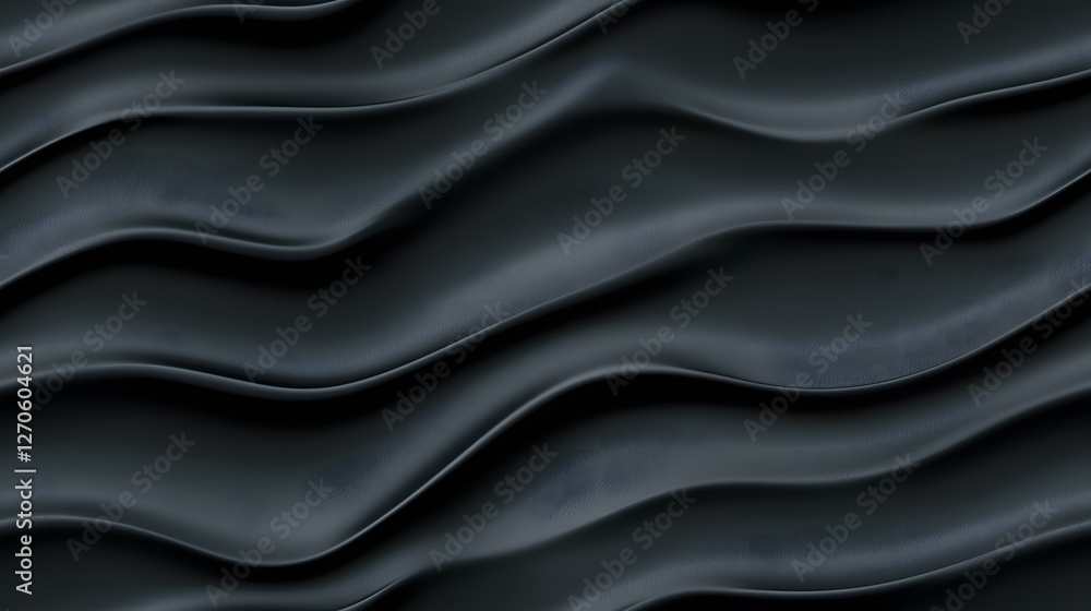 The image contains a seamless texture of dark gray, wavy fabric resembling leather.A medium description sentence: Subtle waves ripple across a textured, dark gray surface reminiscent of luxurious le The image contains a seamless texture of dark gray, wavy fabric resembling leather.A medium description sentence: Subtle waves ripple across a textured, dark gray surface reminiscent of luxurious le