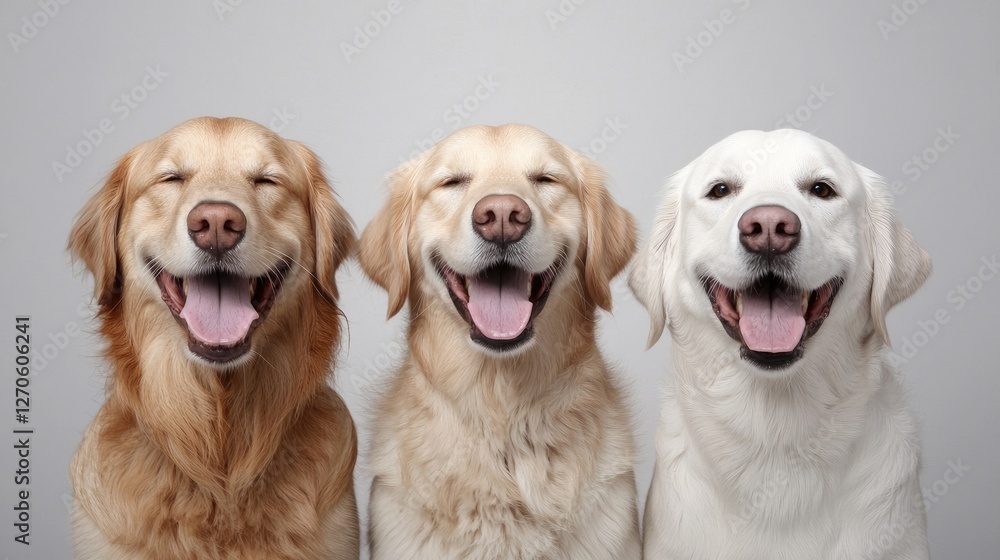 Three happy golden retrievers in studio against a plain background, possible use for pet adoption campaign or general pet happiness Three happy golden retrievers in studio against a plain background, possible use for pet adoption campaign or general pet happiness