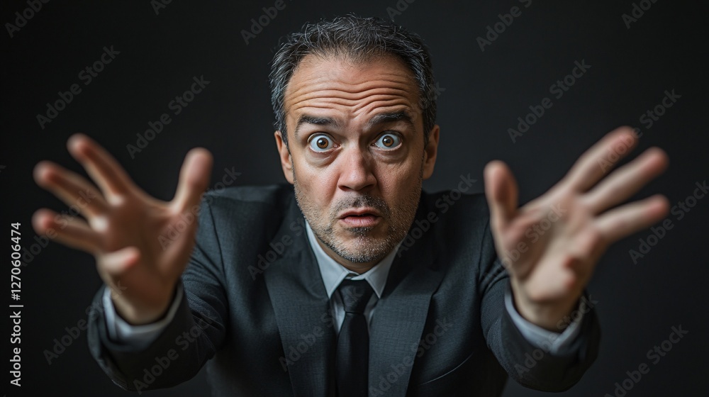A Shocked Businessman Reacts With Wide Eyes And Hands Outstretched A Shocked Businessman Reacts With Wide Eyes And Hands Outstretched