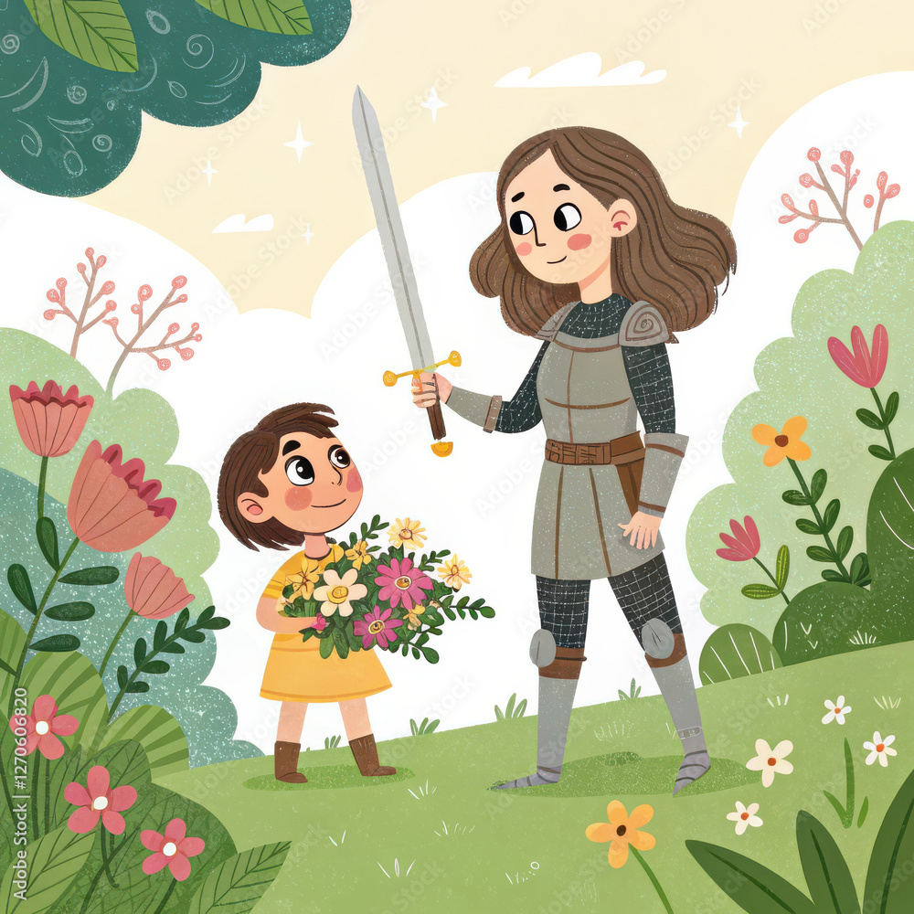 brave woman in armor presents sword to young girl holding flowers in vibrant, whimsical garden. scene conveys empowerment and friendship brave woman in armor presents sword to young girl holding flowers in vibrant, whimsical garden. scene conveys empowerment and friendship