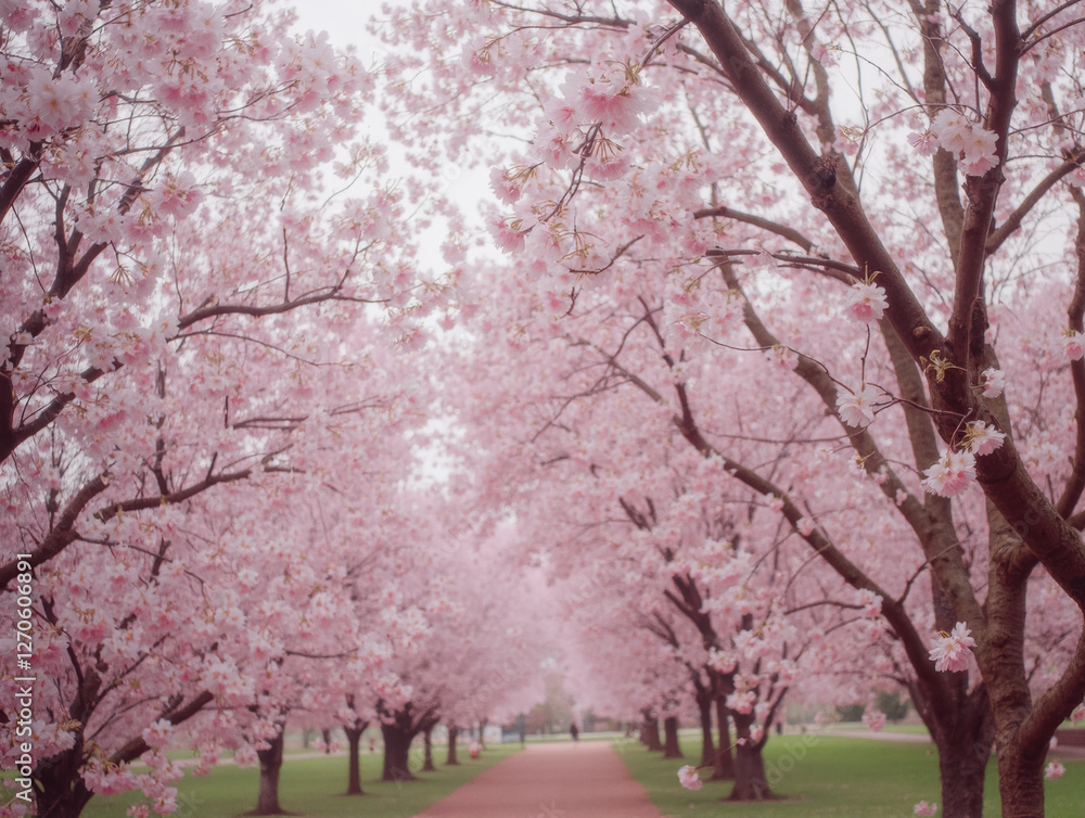 Tranquil cherry blossom pathway in full bloom