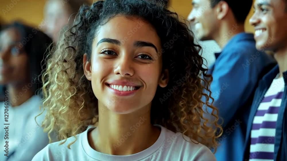 A female student in the foreground has curly hair and is wearing a white shirt and jeans, while the other students are wearing casual, generative AI A female student in the foreground has curly hair and is wearing a white shirt and jeans, while the other students are wearing casual, generative AI