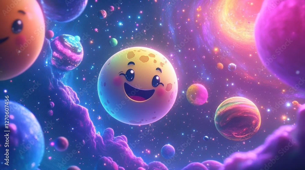 Cute Cartoon Planets in Colorful Space Background with Stars Cute Cartoon Planets in Colorful Space Background with Stars