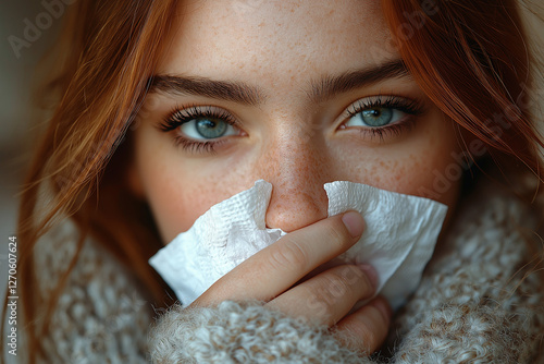 Woman with nasal congestion holding tissue, red nose, tired eyes, cozy indoor setting.