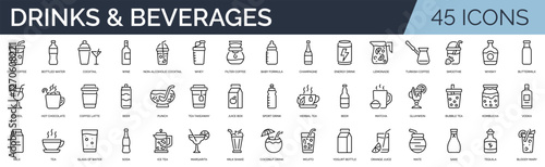 Set of 45 outline icons related to drink and beverages.  Linear icon collection. Editable stroke. Vector illustration	