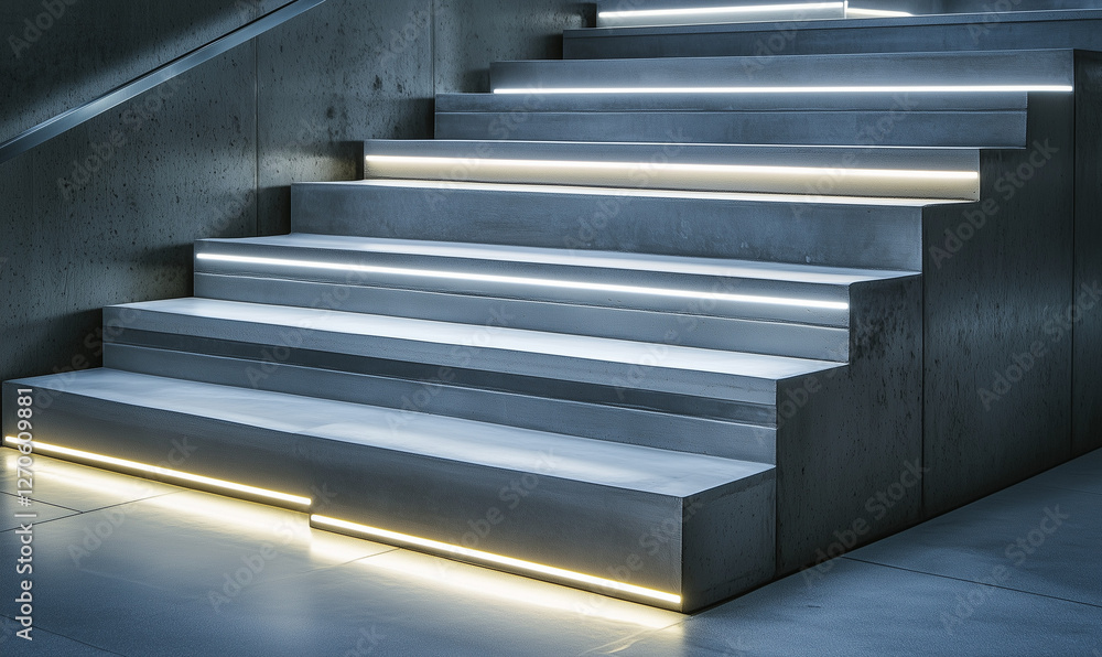 Obraz premium Concrete stairway with glowing LED lights in a modern office close-up
