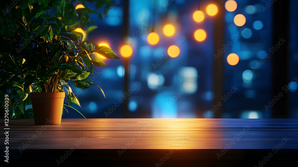 Fototapeta premium Indoor Plant on Wooden Table Against a Blurry Cityscape Night View
